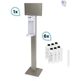 Blanc HYGIENIC SET: Armhebelspender Blanc UNIVERSAL + Bodenständer Edelstahl mit Infotafel + Händedesinfektion 6 Flaschen à 500 ml