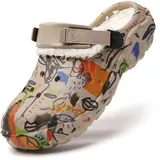 XJITIGER Herren Winter Clogs mit Warmem Futter – Gefütterte Geta-Style Pantoffeln mit Herausnehmbarem Innenfutter, rutschfeste Indoor/Outdoor Hausschuhe Khaki Graffiti 47 - 47 EU