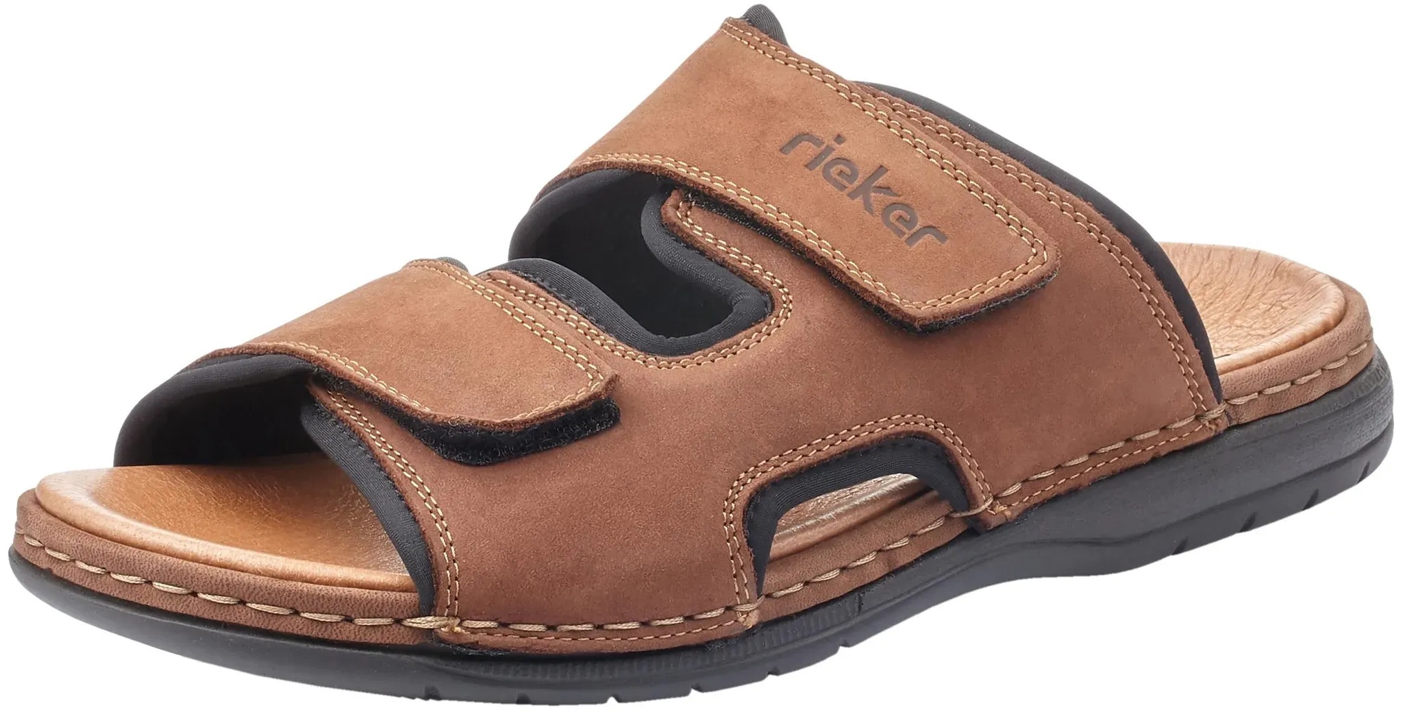 Pantolette RIEKER, Herren, Gr. 43, braun, Leder, Textil, kontrastfarbene Details, Schuhe Pantolette, Hausschuh, Sommerschuh, Urlaubschuh mit dezentem Logoschriftzug