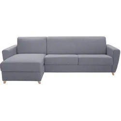 Schlaf-Ecksofa mit Stauraum 4-Sitzer grauer Stoff und helles Holz anpassbar GRAHAM