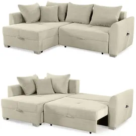 luma-home schönes für dein zuhause Ecksofa mit Schlaffunktion und Bettkasten 236/160/81 cm, Ottomane beidseitig montierbar, Cord Grau / 15201 - Beige