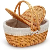 Picknickkorb,weidenkorb,Picnic Basket,Korb mit Deckel,Handgefertigt, geeignet für Camping, Picknicks und Obstpflücken (mit herausnehmbarem, weißem Baumwollfutter mit Blumenmuster),40x17x20cm