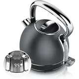 Edelstahl Wasserkocher mit Temperatureinstellung, LED Touch-Panel,1,7L, Warmhaltefunktion, Kalkfilter,Retro Vintage Design,,Cool-Touch-Griff - Grau