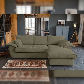 KAWOLA Sofa DAMETO Ecksofa Bettsofa Schlafsofa mit Stauraum Cord olivgrün Recamiere rechts