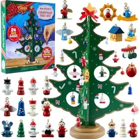 Adventskalender 2024 mit Holz-Weihnachtsbaum, 28 Ornamenten, 24 Tage Countdown