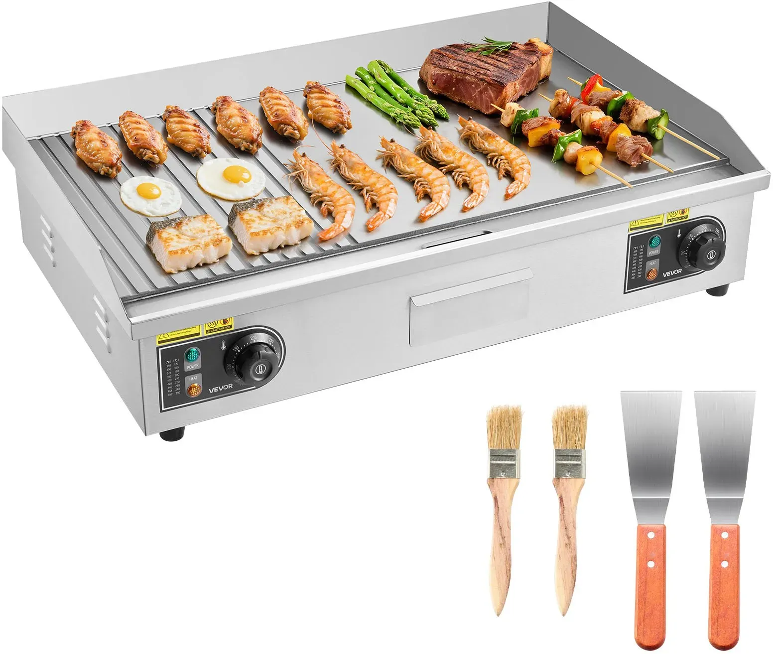 VEVOR Gewerbliche Elektrische Grillplatte 4400 W, Tischgrillplatte 725x400 mm Grillfläche, 50–300 °C, Elektrogrill, halb Gerillt, halb Glatt, mit 2 Spateln und 2 Bürsten, für Steaks BBQ, Ohne Stecker