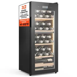 Vevor Weinkühlschrank für 32 Flaschen, Freistehender Flaschenkühlschrank mit Doppelzonen, Einstellbarer Temperatur von 5 °C bis 18 °C und Glastür, für Hausbar, Büro, Bar, Rotwein, Weißwein, Champagner
