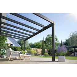 Rexin Terrassendach REXOpremium – hochwertiges Aluminium Terrassendach 4m x 3,5m, BxT: 406×350 cm, Bedachung VSG-Glas klar oder VSG-Glas grau, mit 4mm starken Profilen, Terassenüberdachung, Vordach weiß