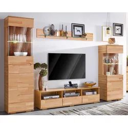 Wohnwand HOME AFFAIRE "Vetro,Fronten Massivholz,Korpus Holzwekstoff,Griffmulden", beige (kernbuche teilmassiv), Holzwerkstoff Kernbuchefarben (Korpus)/ Massivholz Kernbuche (Front), Holz teilmassiv, Kastenmöbel-Sets, Böden teilweise versetzbar, bei TV Teil Kabeldurchführung