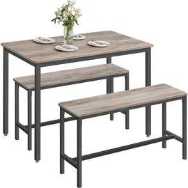 VASAGLE Esstisch mit 2 Bänken, 3er Set greige meliert-tintenschwarz