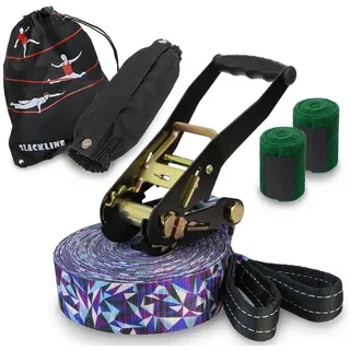 Alpidex Slackline 15 m + Baumschutz und Ratschenschutz, geeignet für Kinder, Anfänger und Fortgeschrittene 7 Jahre Garantie auf Material*