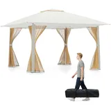 GOPLUS Faltbarer Gartenpavillon 4x4 m, Pop Up Pavillon mit Doppeldach, 4 abnehmbaren Moskitonetzen, stabiler Faltpavillon winterfest, Partyzelt mit robuster Metallrahmen, für Garten & Terrasse (Beige)