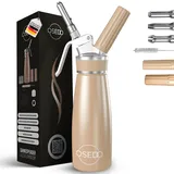 OSEDO® Sahnespender 500ml - inkl. 3 Edelstahl Tüllen + 2 Kapselhalter + Reinigungsbürste + Rezepte Ebook - Hochwertiger Aluminium Sahnesyphon für Sahne, Espumas, kalte und warme Saucen (Beige)