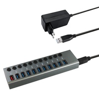 Maxtrack USB 3.0 Hub CH12L - USB 3.0 Hub mit 10 USB Ports, 1 Ladeport für Mobilgeräte, USB Hub mit Netzteil, 5 Gbps, USB Hub Aktiv, 2,4A Ladestation, Einzeln Schaltbar