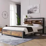 Merax Metallbett Bettgestell mit Holz Stauraum-Kopfteil und Metall Lattenrost, Doppelbett 140 x 200 cm für Schlafzimmer, Jugendbetten für Erwachsene, Kinder, Jugendliche, Schwarz Industrielles Bett