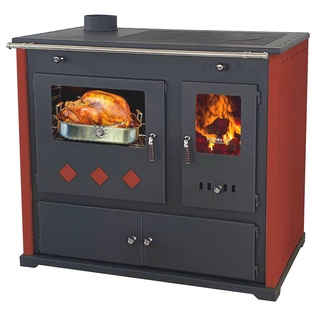 Prometey EEK A+ Kaminofen mit Backfach und Herdplatte Pracktik Lux Rot LINKS Holzofen 9,5 kW Kamin Ofen Dauerbrandofen Werkstattofen Schwedenofen Hüttenofen Heizofen