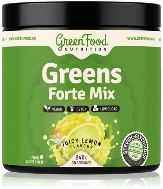 GreenFood Nutrition Greens Forte Mix Pulver zur Entgiftung des Organismus und zur Unterstützung des Immunsystems Geschmack Juicy Lemon 240 g