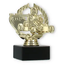 Pokal Kunststofffigur Go-Kart im Kranz gold auf schwarzem Marmorsockel 12,5cm