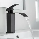 Eumaty Waschtischarmatur Wasserhahn Bad, Wasserfall Wenig Lärm Einhandmischer 304 Edelstahl Hochwertige Armatur Waschbecken Wassersparend Messing schwarz 18 cm