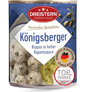 DREISTERN Königsberger Klopse 800g I 8 Klopse in heller Kapernsauce I Herzhaftes Fertiggericht in recyclebarer Konservendose I Lange Haltbarkeit dank natürlicher Konservierung I Hausmacher Qualität