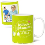 Hebamme Geschenk - Personalisierte Kaffee-Tasse (300ml) - Dankeschön Präsent für Geburtshelferin - Keramik Fototasse - Weltbeste Hebamme - Herzlichen Dank für Alles