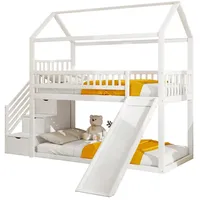 Kinderetagenbett 90*200cm, Hochbett(Weiss)mit Rutsche und Stauraumleiter, hohe Zaunkonstruktion, Massivholzbettrahmen, Lattenrost