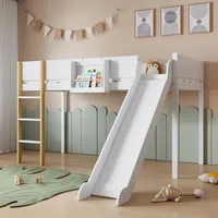 Hochbett, Etagenbett mit dreistufiger gerader Leiter, Kinderbett, Jugendbett mit Rutsche, mit herausnehmbarem Regal, Kiefer+MDF, weiß+natur, 90x200cm