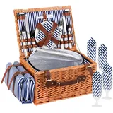 Picknickkorb,Picknickkorb 4 Personen mit Großem Isoliertem Kühlfach und wasserdichte Picknickdecke, Piknik Korb Set mit 4 Sets Besteck, Teller Perfekt für Picknick, Camping, Reisen, Strand(Blau)