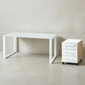 KADIMA DESIGN Schreibtisch-Set MUENCHEN 160x80 cm Glasplatte | Container Chalet-Eiche-Nb./Weiß