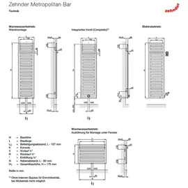 Zehnder Metropolitan Bar Badheizkörper 1750 x 600 mm 994 W weiß Seitenventil