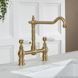 Traditionelle Küchen-Brückenarmatur (gerade) – inkl. schwenkbarem Hahn (gerade) - satiniertes Gold – Elizabeth