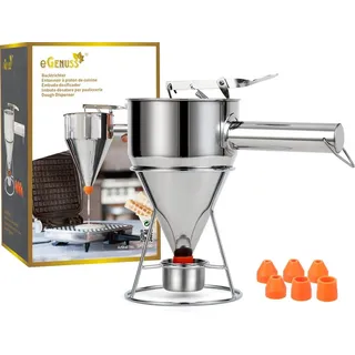 eGenuss 1 Edelstahl Backtrichter Pfannkuchen Teigspender – Profi Teigdosierer mit Teigsammler – Tasche | Teigportionierer mit... - Silber