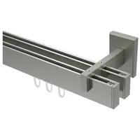 Interdeco Innenlauf-Gardinenstange eckig 14 x 35 mm 2-läufig, kantige Innenlaufstange aus Metall, Edelstahl-Optik, zur Wandmontage, Typ 10212821, 200 cm