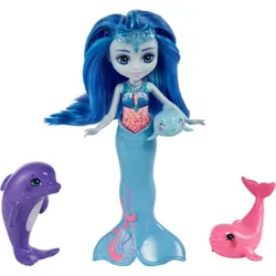 MATTEL HCF72 Royal Enchantimals Dorinda Dolphin-Puppe (ca. 15 cm) mit abnehmbarer Flosse und 3 Tierfiguren