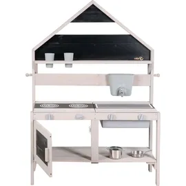 roba Matschküche in Hausoptik - Funktionelle Outdoor Spielküche inkl. Zubehör für Mädchen & Jungen - FSC-zertifiziertes Massivholz - Grau lasiert