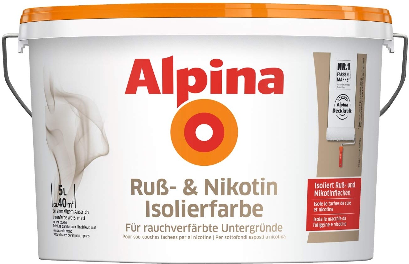 Alpina 5 L. &10 L. weiße Wandfarben für Innen, verschiedene Eigenschaften (5 Liter, Ruß- & Nikotin Isolierfarbe - für rauchverfärbte Untergründe)