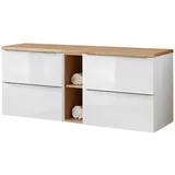 Lomadox Waschtischunterschrank Set, Hochglanz weiß, Wotaneiche, 4 Softclose-Auszüge, 1 Regal, B/h/t ca. 141/59,5/46 cm