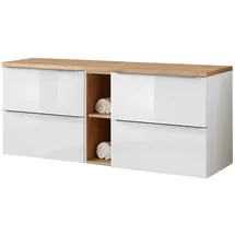 Lomadox Waschtischunterschrank Set, Hochglanz weiß, Wotaneiche, 4 Softclose-Auszüge, 1 Regal, B/h/t ca. 141/59,5/46 cm