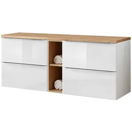Lomadox Waschtischunterschrank Set, Hochglanz weiß, Wotaneiche, 4 Softclose-Auszüge, 1 Regal, B/h/t ca. 141/59,5/46 cm