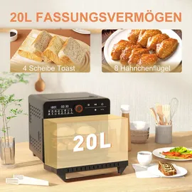 Homcom Minibackofen mit Umluft 20L 3 in 1 Mini Ofen mit Grillrost, Backblech und Krümelblech, 40 °C-220 °C Heißluftfritteuse mit Frittierkorb, Timer, Innenbeleuchtung, 1400W, Edelstahl