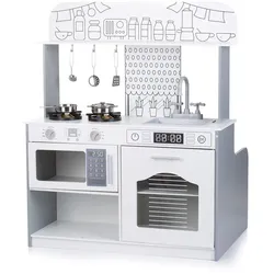 Chipolino Kinderküche 2 in 1 Tisch, Hocker, Küchenutensilien, Töpfe, Mikrowelle weiß