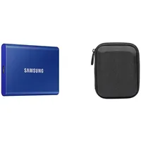 Samsung T7 Portable SSD - 1 TB - USB 3.2 Gen.2 Externe SSD Indigo Blue (MU-PC1T0H/WW) + Amazon Basics Festplattentasche, schwarz