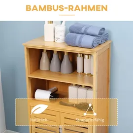 kleankin Badezimmerschrank, Unterschrank aus Bambus, Badschrank mit Lamellentüren, Beistellschrank, Mehrzweckschrank mit Kippschutz, Landhausstil, Naturholz, 50 x 29 x 92 cm Badezimmer, Badezimmerschränke, Midischränke