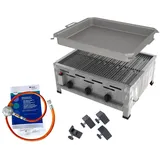 ChattenGlut Gasbräter 3-flammig 13,5kW Tischgerät Rost und Stahlpfanne mit DGUV