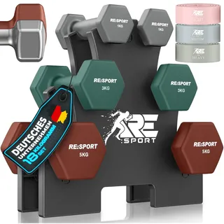 RE:SPORT® Hantel-Set 3 Paar, 1kg - 5kg, 12kg oder 18kg mit Ständer & 3x Fitnessbänder | Rutschfeste Neopren Kurzhanteln für Damen & Herren | Hanteln Hantelset (Eisblau/Petrol/Terracotta, 18 kg)