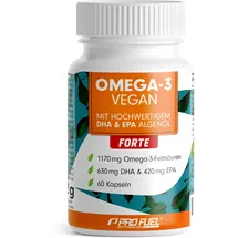 ProFuel Omega-3 vegan FORTE - 60 Kapseln - 2000 mg Algenöl pro Tag - hochdosiert mit 630mg DHA + 420 mg EPA - vegane Omega-3 Algenöl Kapseln - DHA:EPA Verhältnis 3:2 - laborgeprüft mit Analyse-Zertifikat