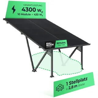 Solarway Single PKW Solar-Carport Gestell 4300 Watt - inkl. 10 Solarpanels und Regenrinne - Dach versiegelt