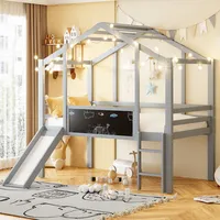 Hochbett 90×200 Cm, Einzelbett Mit Rutsche, Leiter Und Tafel, Ohne Matratze, Aus Massivholz, Grau