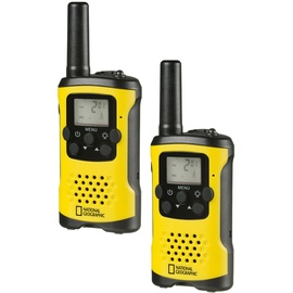National Geographic Walkie-Talkie 2er-Set, kompakte Funkgeräte mit hoher Reichweite bis zu 6 km, Frei-Hand-Funktion und integrierter Taschenlampe, Schwarz-Gelb, 9111450