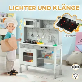 aiyaplay Kinderküche Spielküche mit Elektroherd, Mikrowelle, Spüle & Wasserhahn, Höhenverstellbar Puppenküche mit Kochgeschirrset, Rollenspielküchenzubehör für 3-8 Jahre Kinder, Weiß